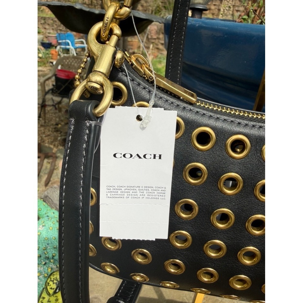 Coach Black Leather Grommet Shoulder Bag Gold Studs CY646 NWT - Picture 6 of 11